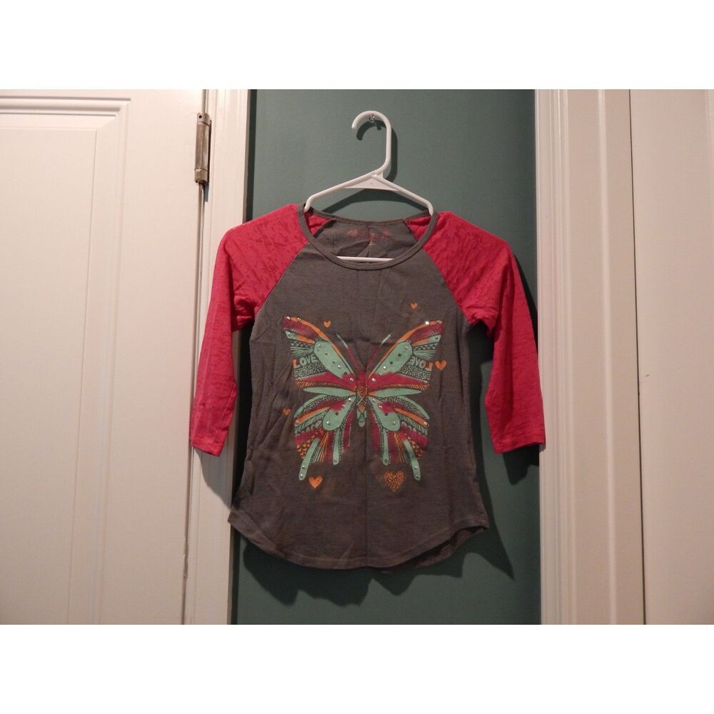 Mudd Girls 7/8 Charcoal Magenta Burnout Sleeve Graphic Top Vintage